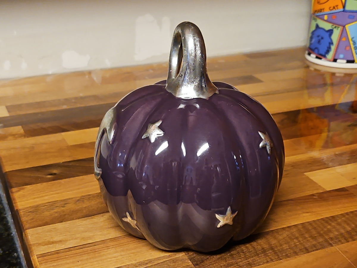 Purple & Silver Celestial Ceramic Pumpkin Goth Halloween Fall Decor 6.5" EUC