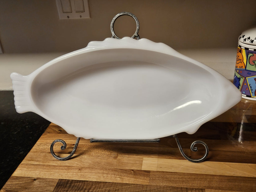 Vintage GlasBake Milk Glass Large Fish Serving Platter 18" x 8.5" Reversed Stamp