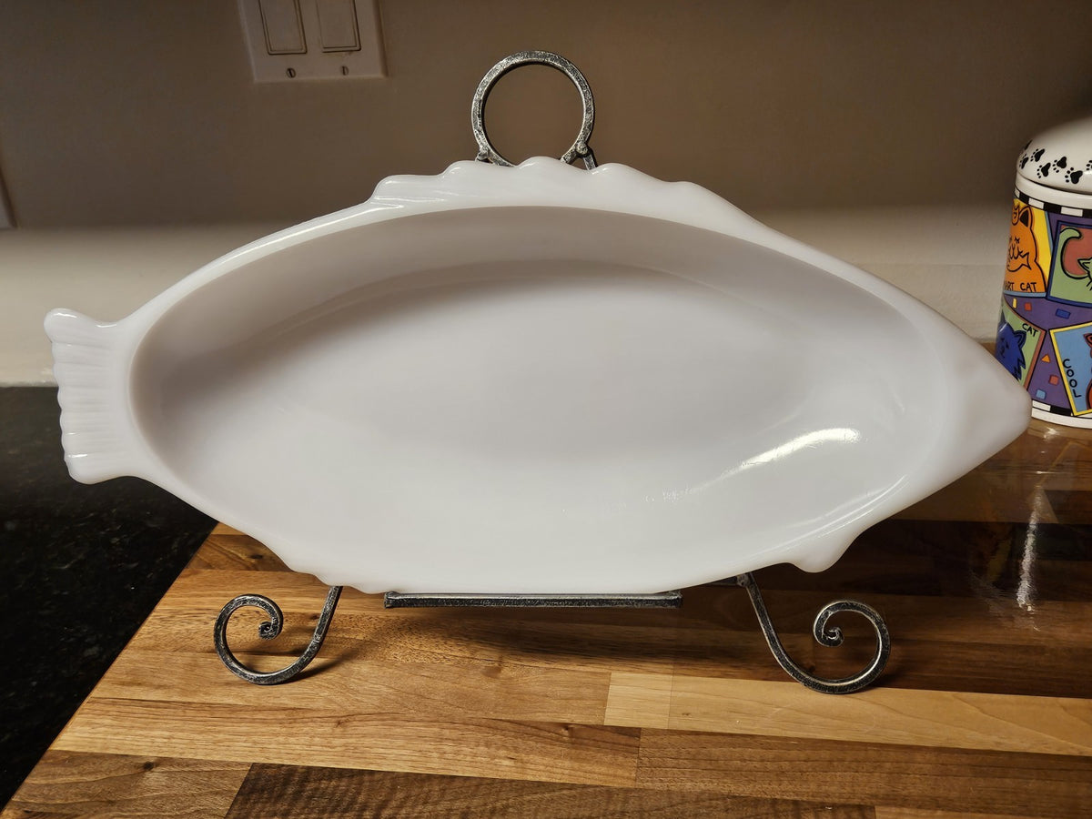 Vintage GlasBake Milk Glass Large Fish Serving Platter 18" x 8.5" Reversed Stamp