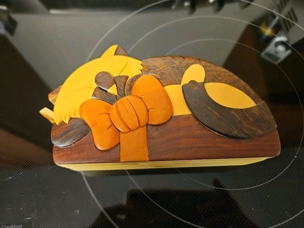 Carver Dan Wooden Sleeping Cat Puzzle Box Trinket Jewelry Box Hidden Compartment
