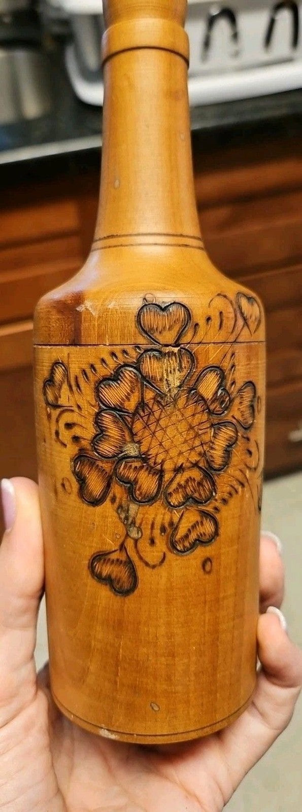 Vintage Burnt Wooden Pyrography Folk Art Decanter w\ Small Platter and 6 Goblets