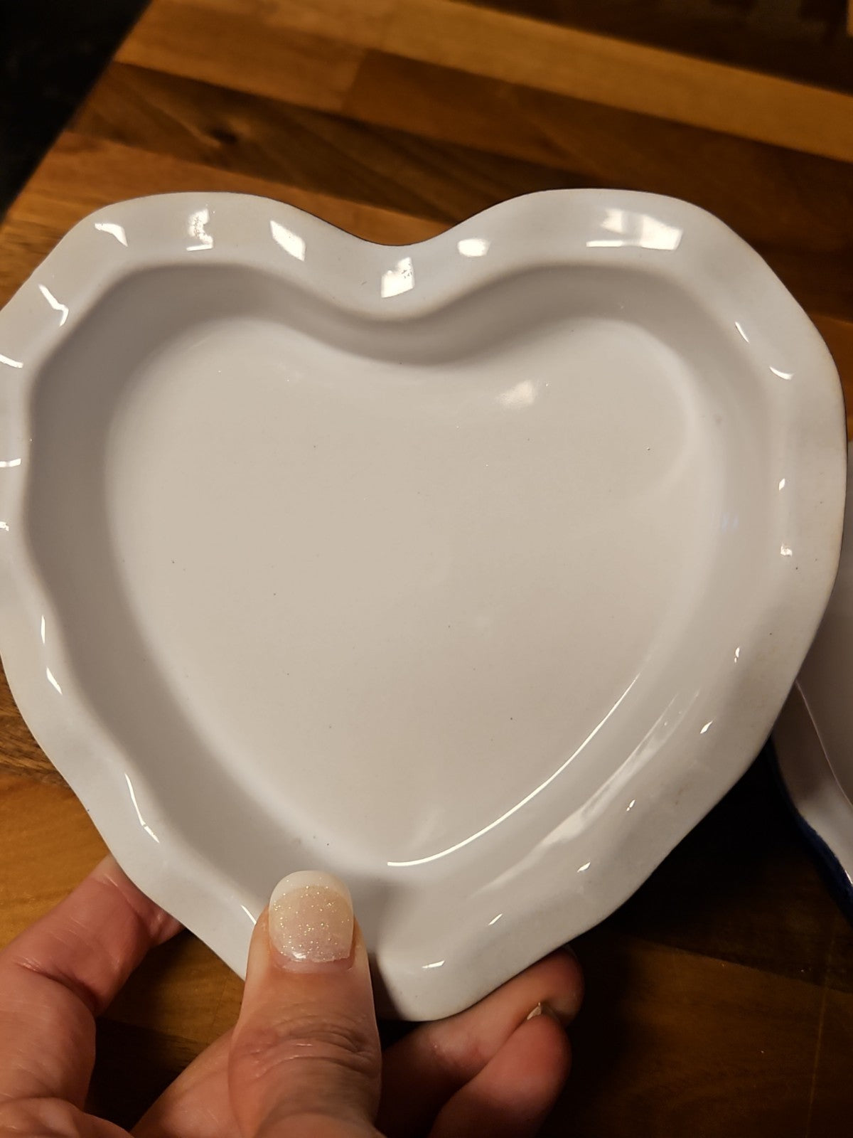 Set Of 2 Emile Henry Fluted Edge Heart Shaped Blue & White Baking Dishes #6149