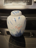 Vintage Chinoiserie Ginger Jar W/ Lid White & Blue W/ Pink Flowers Raised Detail