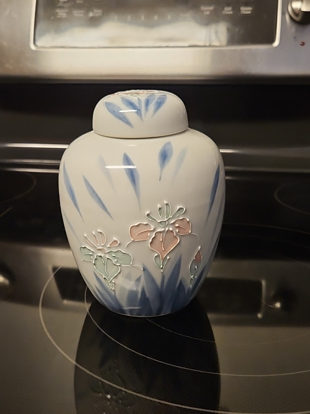 Vintage Chinoiserie Ginger Jar W/ Lid White & Blue W/ Pink Flowers Raised Detail