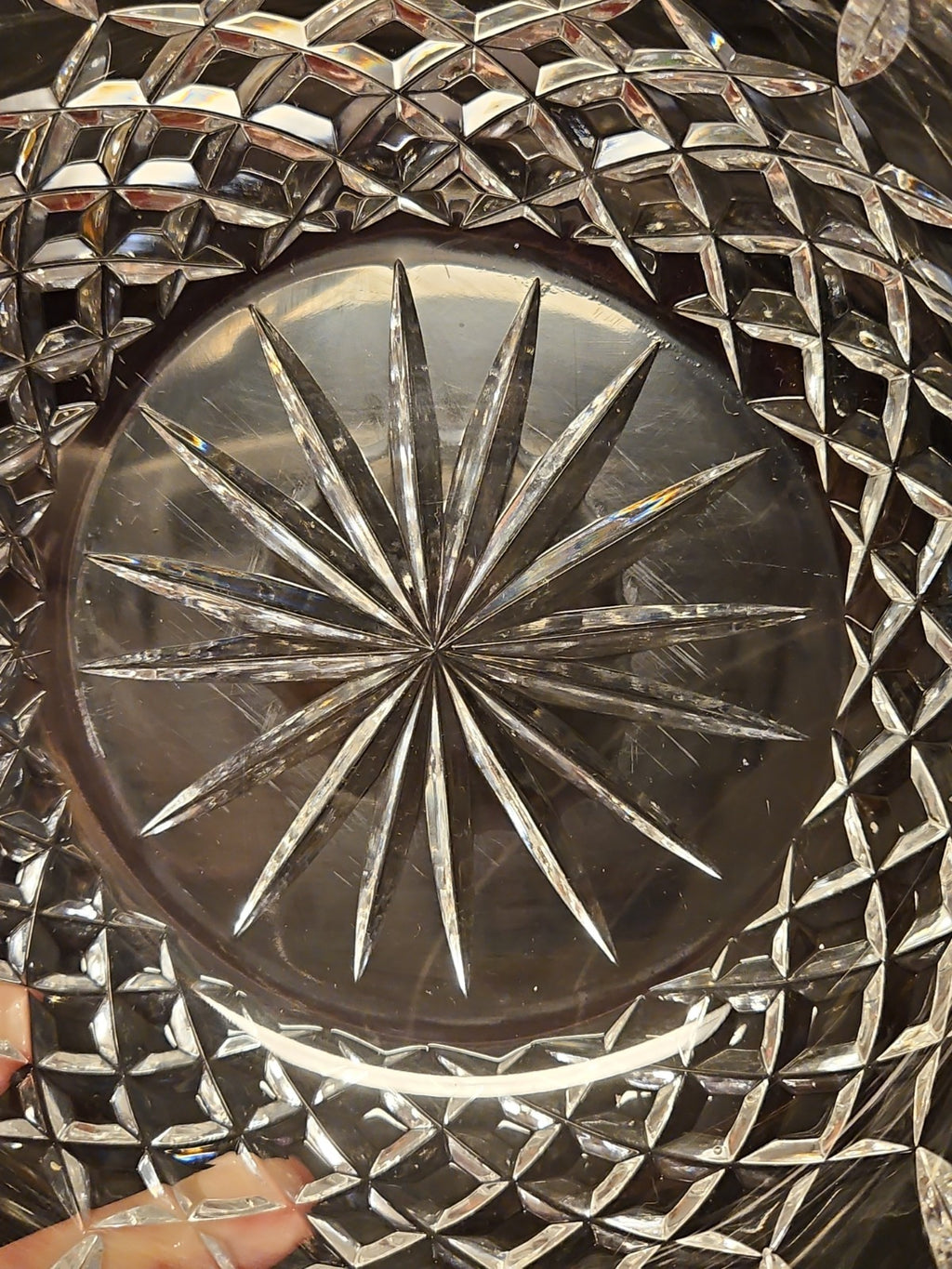 Vintage Irish Heritage Style Hand Cut Crystal Bowl 7.25" Laurel Leaf Starburst