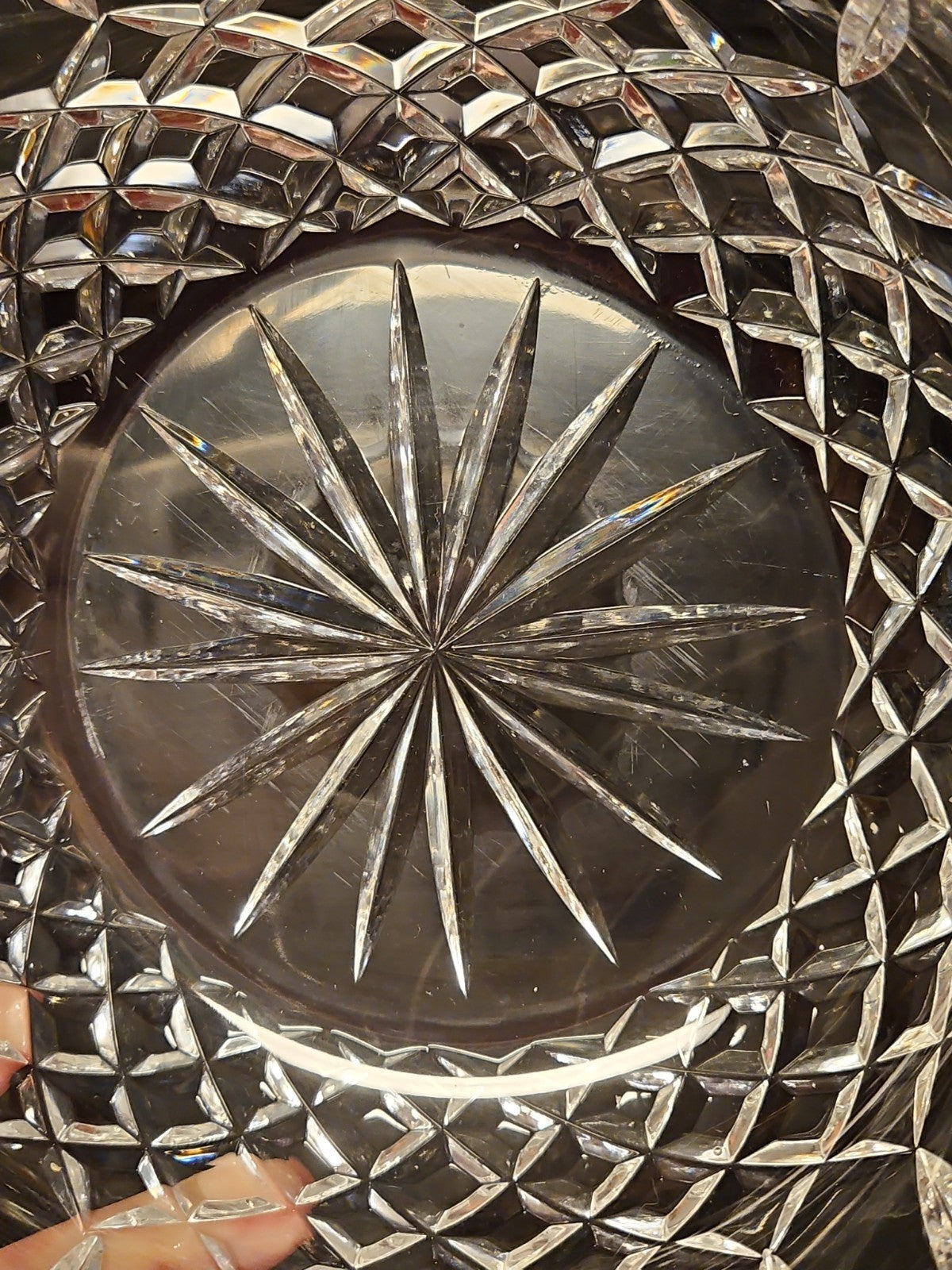 Vintage Irish Heritage Style Hand Cut Crystal Bowl 7.25" Laurel Leaf Starburst