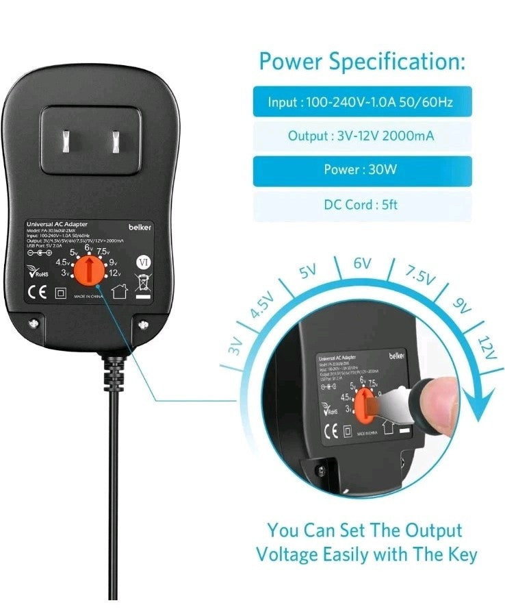 NIB Belker 30W Universal 3V 4.5V 5V 6V 7.5V 9V 12V AC DC Adapter Power Supply
