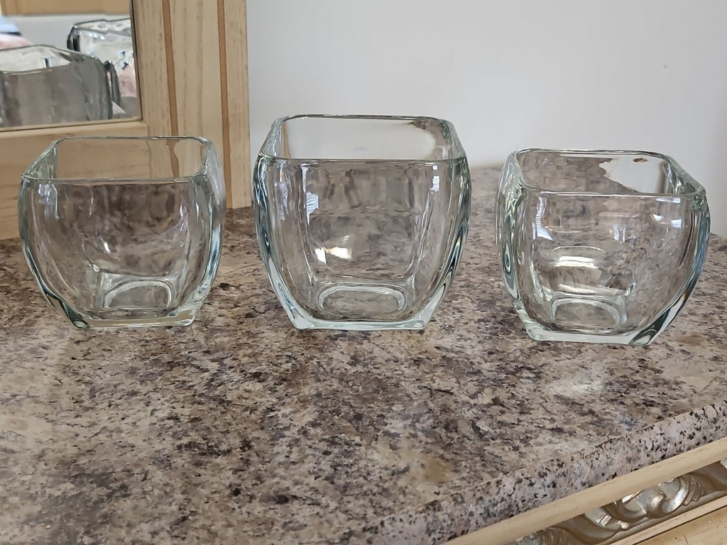 Set Of 3 Clear Glass Curved Tapered Square Candle Holders 3.75" & 4.5"