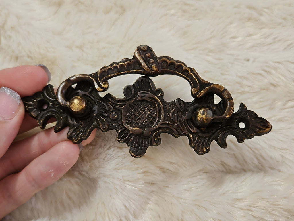 Ornate Vintage Brass Bail Pull Drawer Pull With Backplate 5"