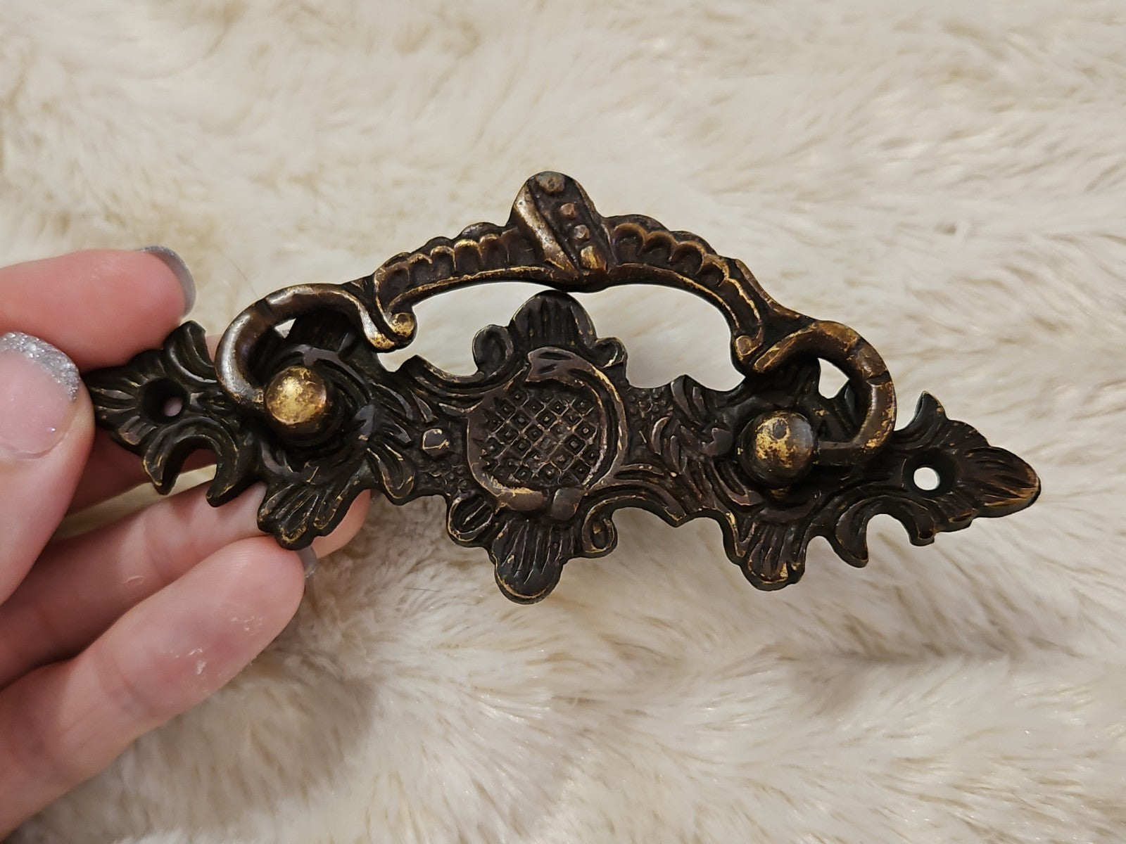 Ornate Vintage Brass Bail Pull Drawer Pull With Backplate 5"