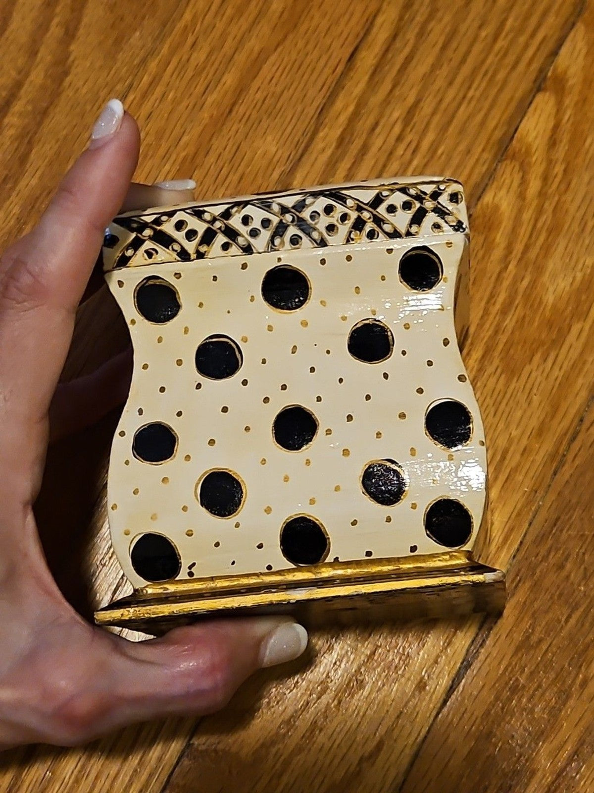 Hand Painted Black, White & Gold Wood 2 Deck Playing Card Holder Canasta Bridge