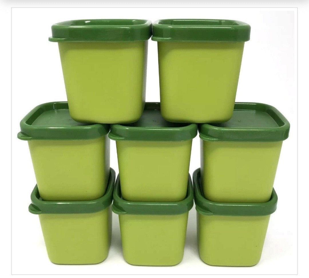 New In Bag Tupperware set of 8 Green Microwave Steamer 2 oz Ramekins W Lids