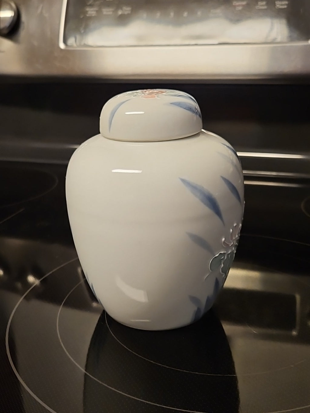 Vintage Chinoiserie Ginger Jar W/ Lid White & Blue W/ Pink Flowers Raised Detail