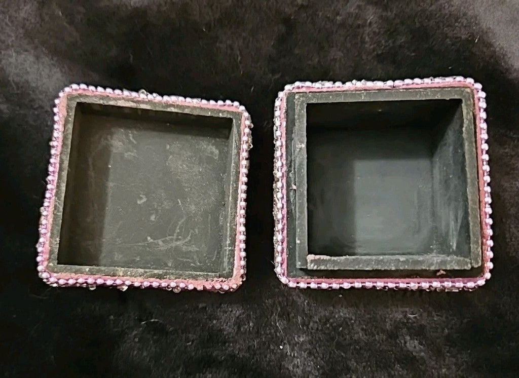 Cute Vintage Look Painted Beaded Trinket  Box With Cat Image And Wooden Inside