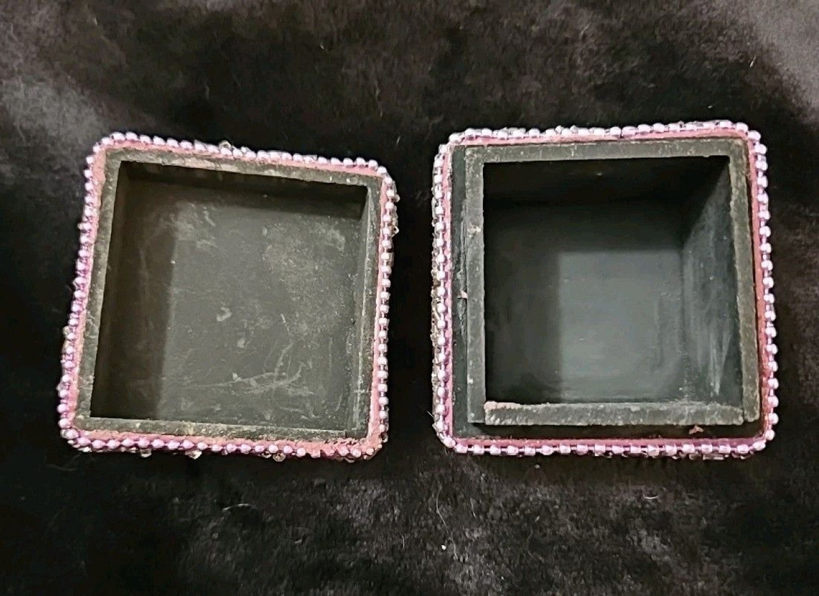 Cute Vintage Look Painted Beaded Trinket  Box With Cat Image And Wooden Inside