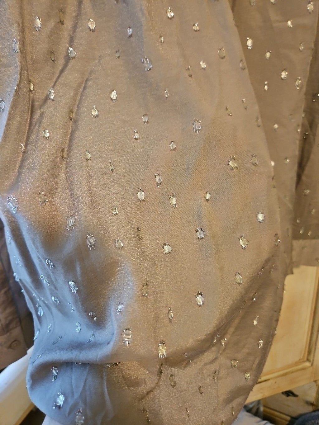 Ann Taylor Grey Henley Blouse With Silver Metallic Raised Polka Dots Sz XS