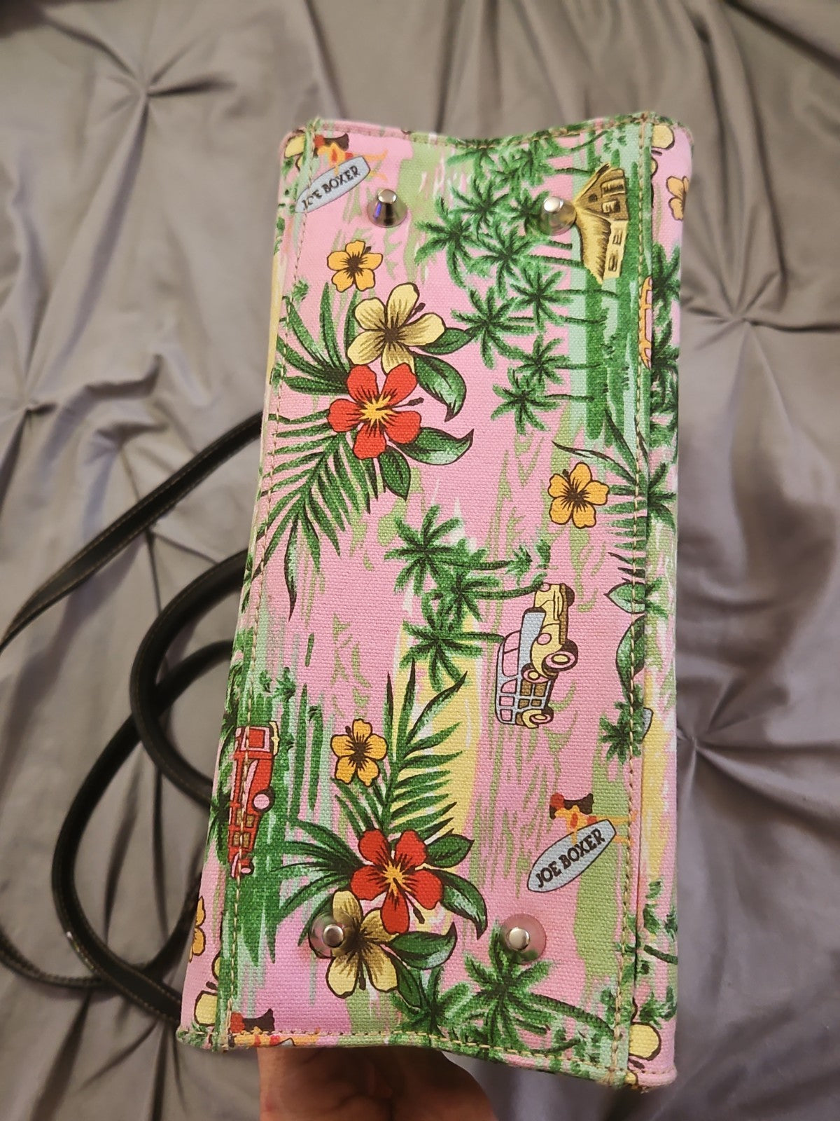 Vintage Y2K Joe Boxer Hawaiian Beaded Canvas Handbag Purse Pink Tropical Print