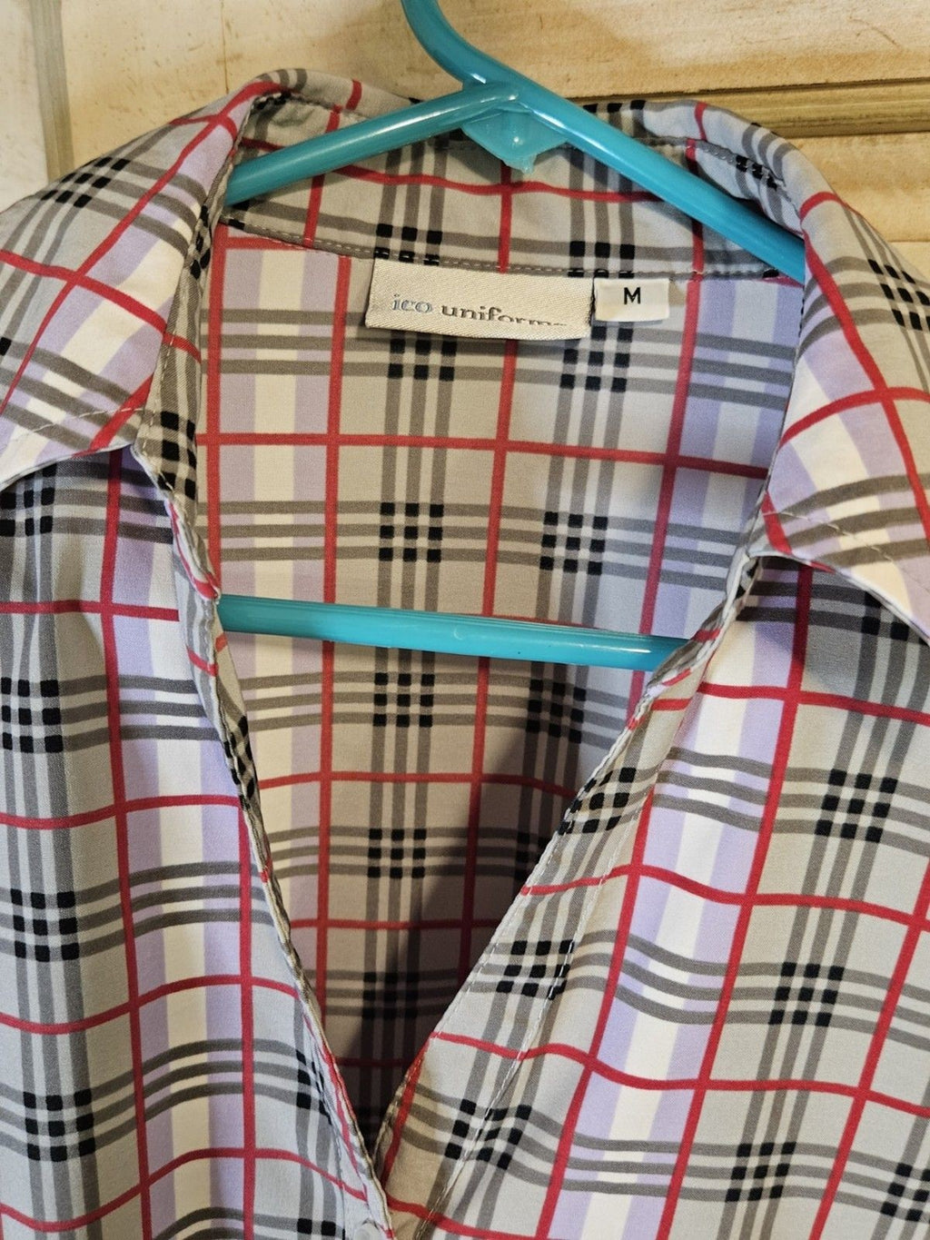 iCO Ladies' Cool Stretch Blouse Long Sleeve - Sz M Pink Purple Grey Plaid