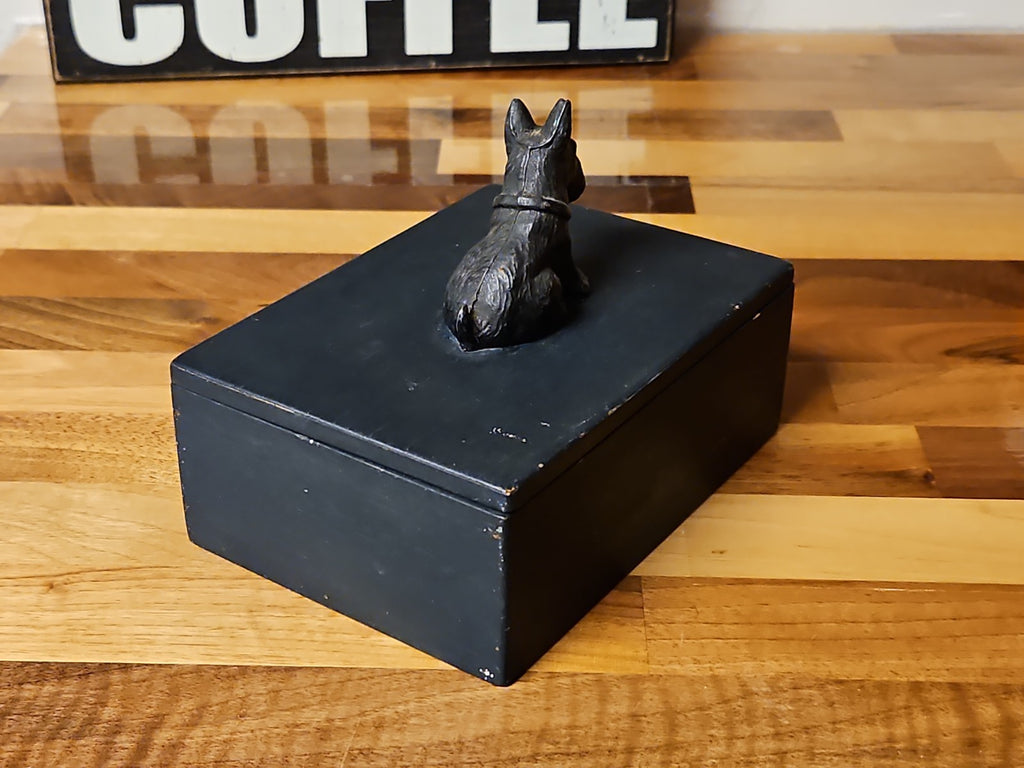 Vintage Art Deco Black Metal Scottie Dog On Wooden Trinket Box 1930s 5.75"×4.25"
