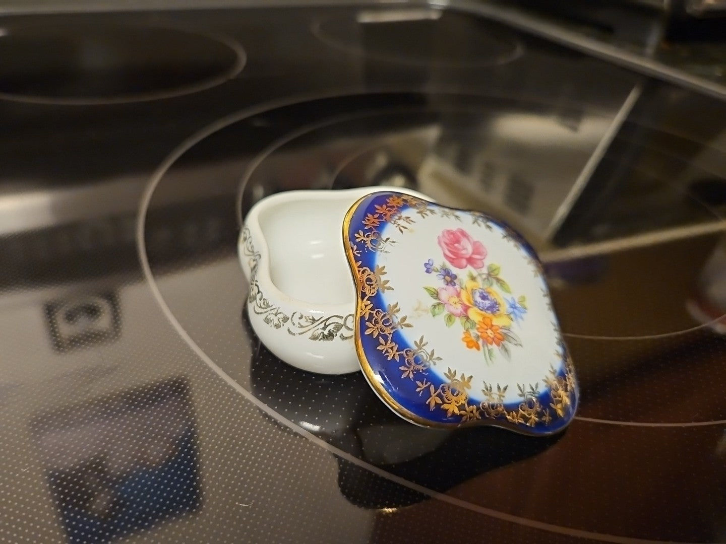 Hand Painted Porcelain Cobalt Blue German Floral Trinket Box Gold Detail