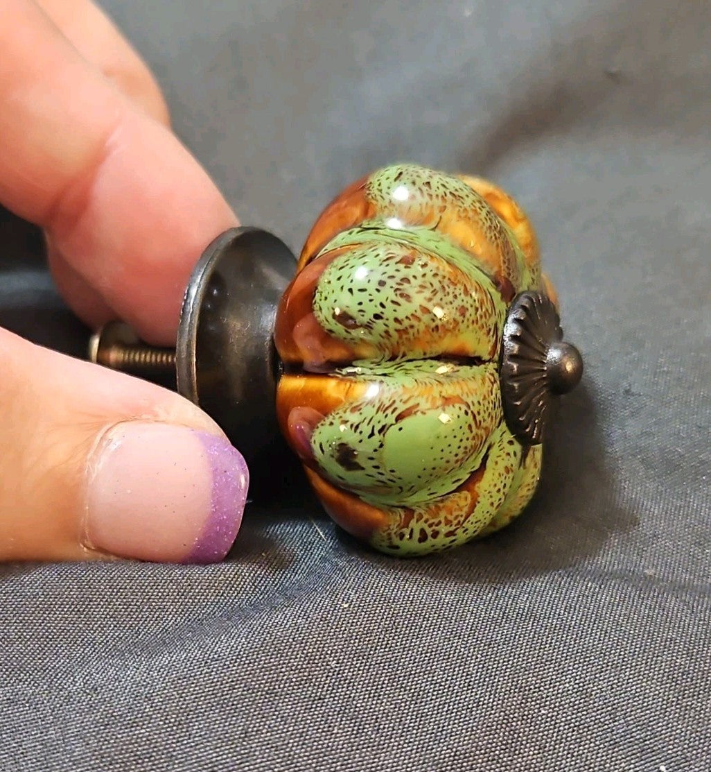 1.5" Ceramic Pumpkin Cabinet Knob Drawer Pull Brown & Green
