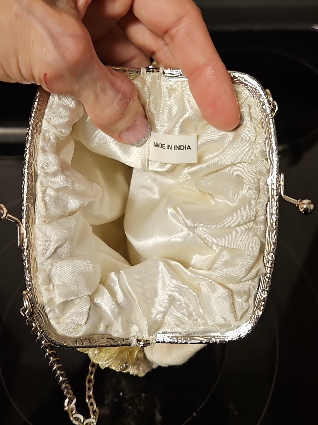 Vintage Pearl Beaded Rhinestone & Floral Accent Off White Clutch Purse