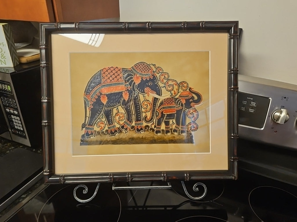 Framed Hand Carved Thai Elephant Hammered Painted Leather Nang Taloong 19.5"x16"