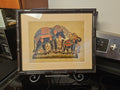 Framed Hand Carved Thai Elephant Hammered Painted Leather Nang Taloong 19.5"x16"