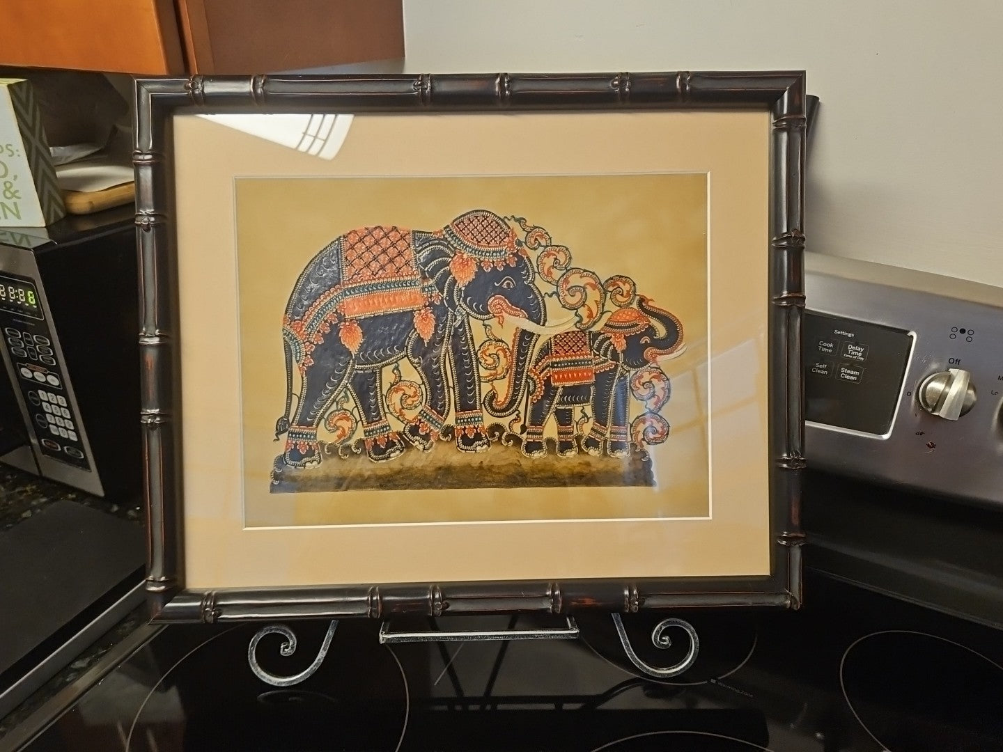Framed Hand Carved Thai Elephant Hammered Painted Leather Nang Taloong 19.5"x16"