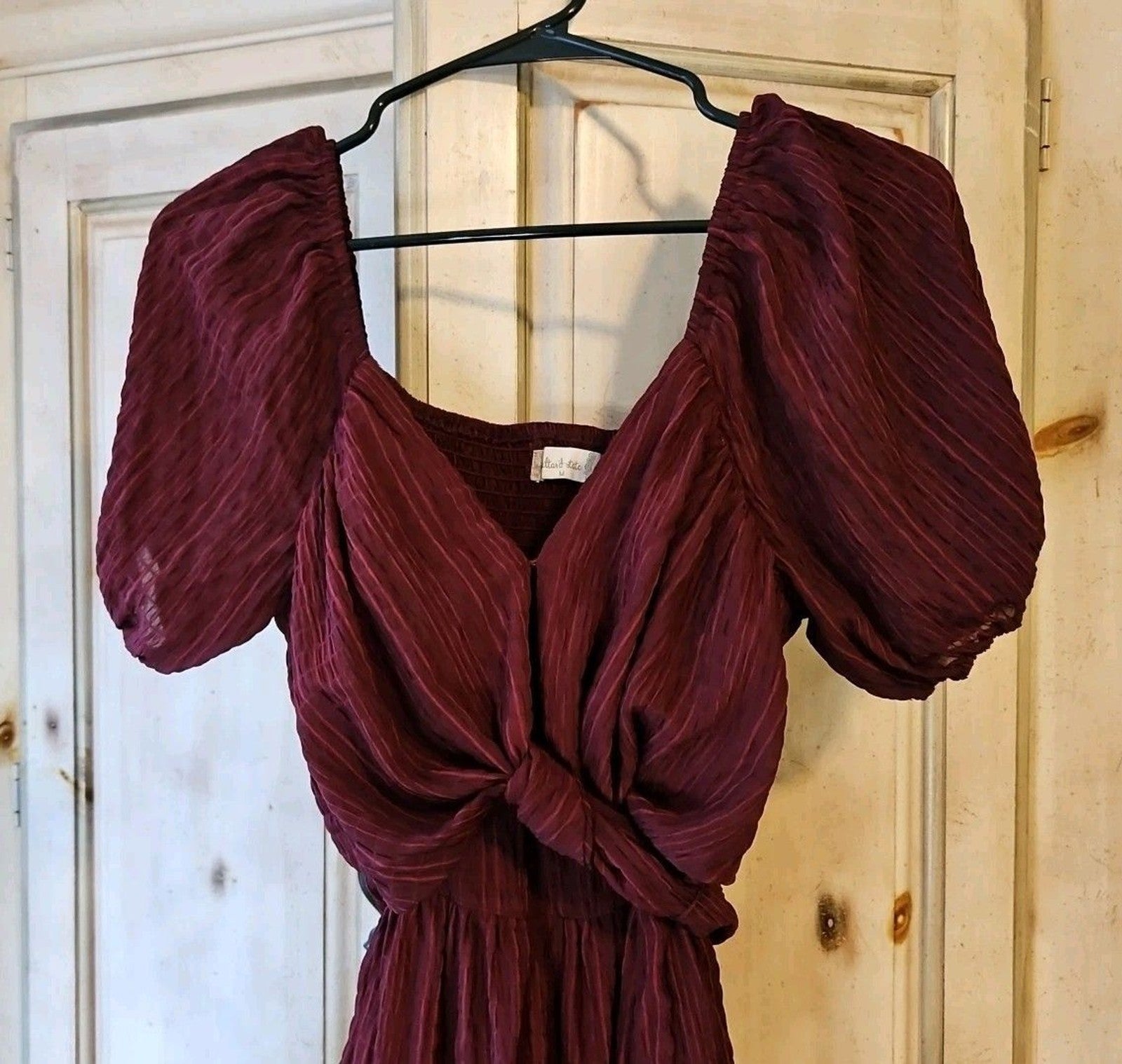 Altar'd State Burgundy Mini Dress, Sz M, Puffed Sleeves, Tie Back, Ruffle Hem