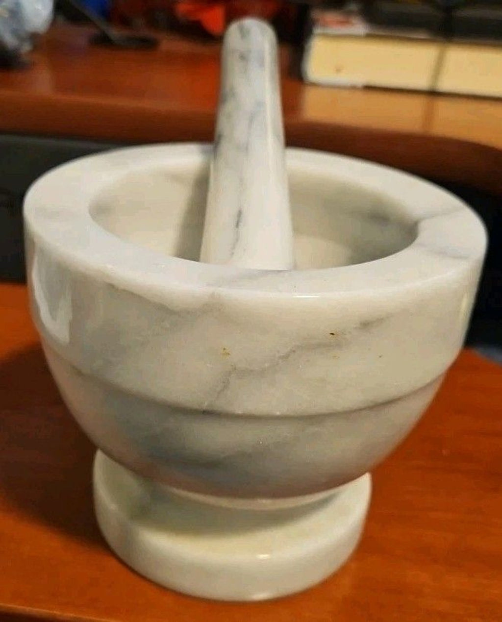 Elegant Vintage 90's White & Grey Marble Mortar & Pestle 5" X 4.25"
