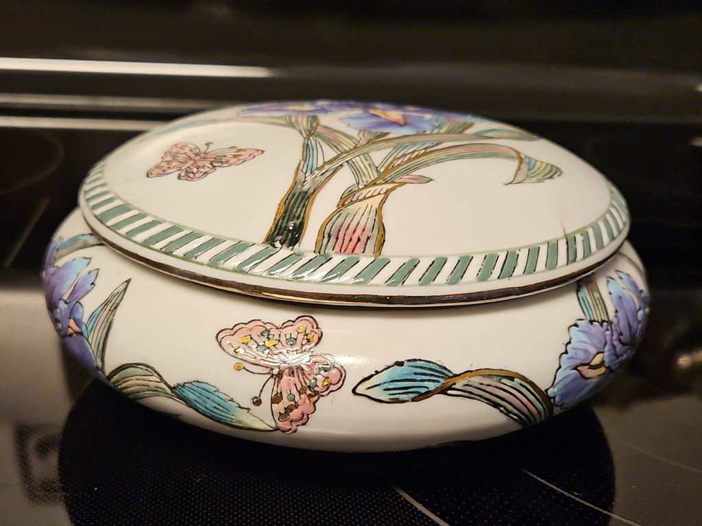 Vintage Andrea by Sadek 7" Round Trinket Box Iris & Butterflies W Gold Detail
