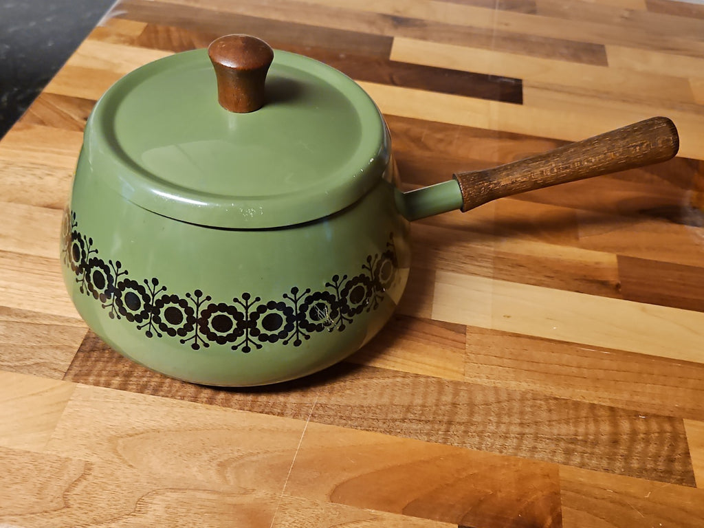 Vintage Green Enamel Fondue Pot Saucepan Floral MCM Boho Wood Handle 1970s