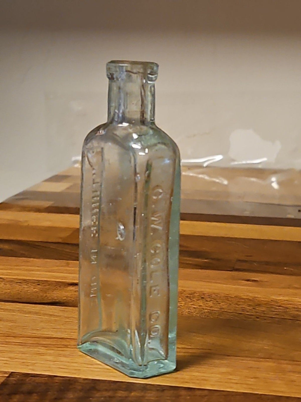 Vinyage 1890's First Gen G.W. Cole Co. Three In One Oil Bottle Blown Aqua Glass
