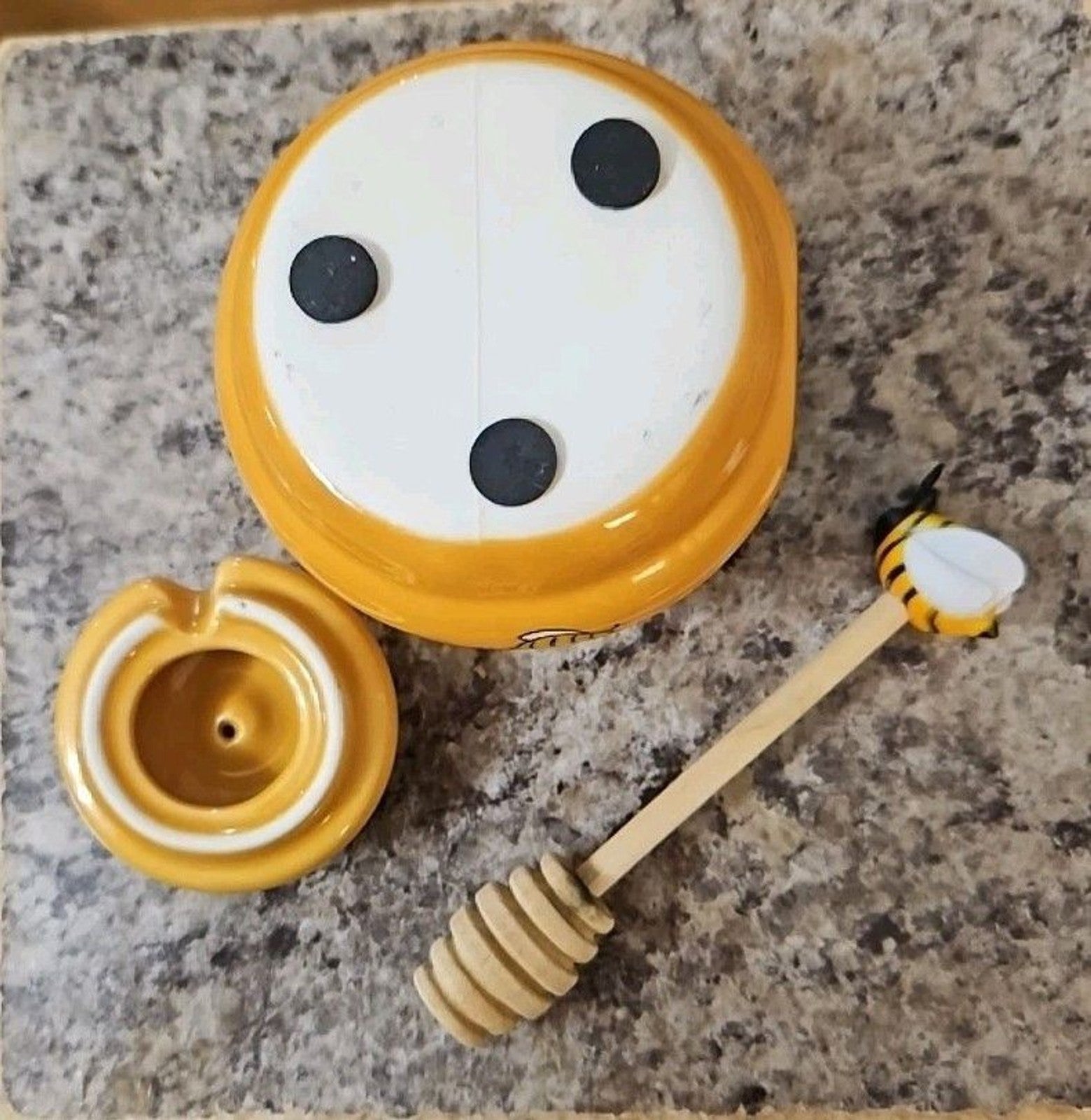Honey Miel ( French) Ceramic Beehive Jar Pot w Wood Bumble Bee Dipper 3" Kitchen