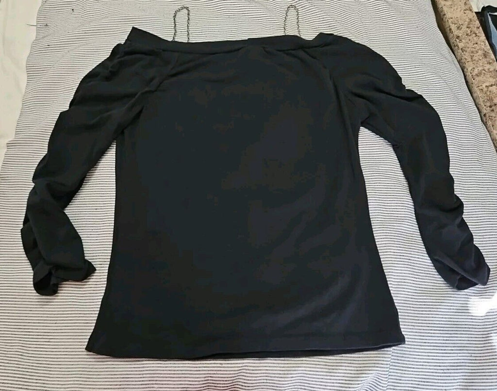 K Scion Goth Look Off Shoulder Rouched Sleeves Chain Detail Top Kitty Cat Sz M