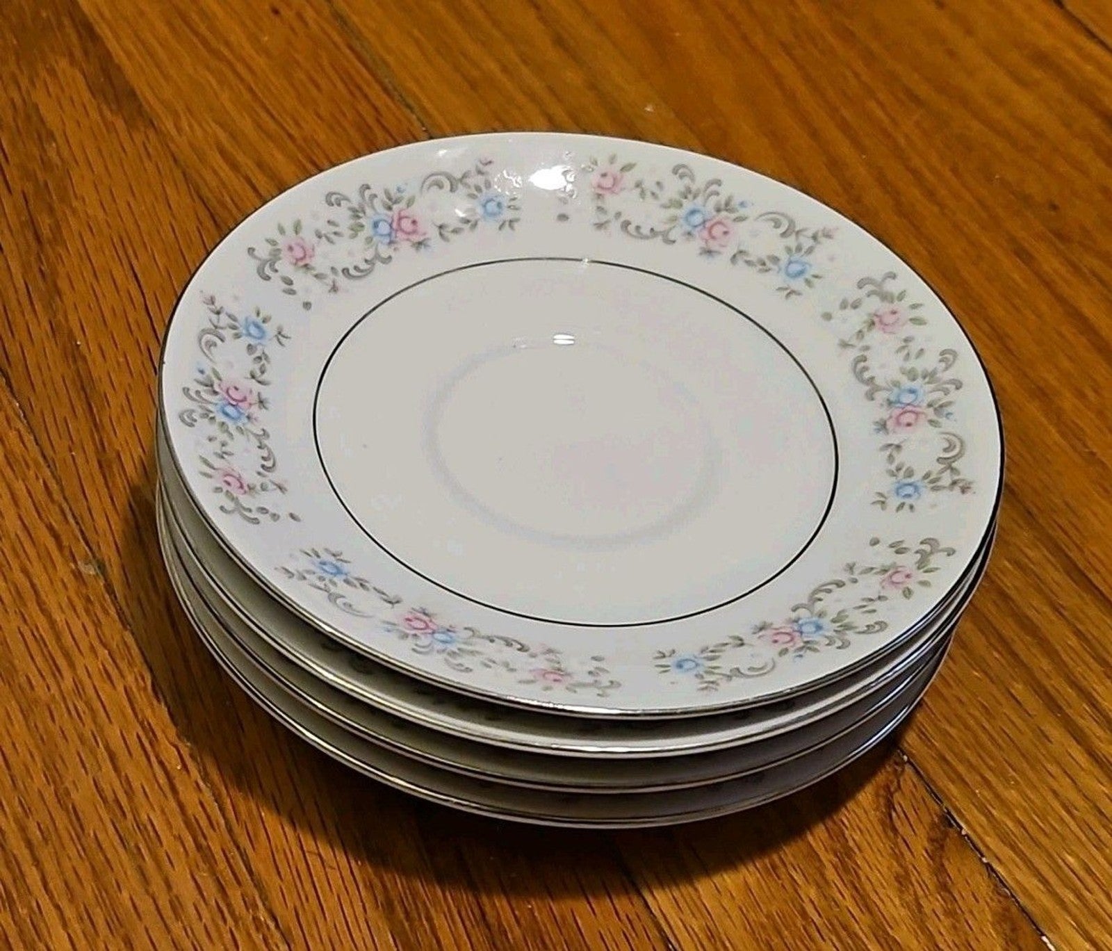 Dynasty China 6" Tea Cup Saucers Pink & Blue Floral Set Of 4 - Plates Only