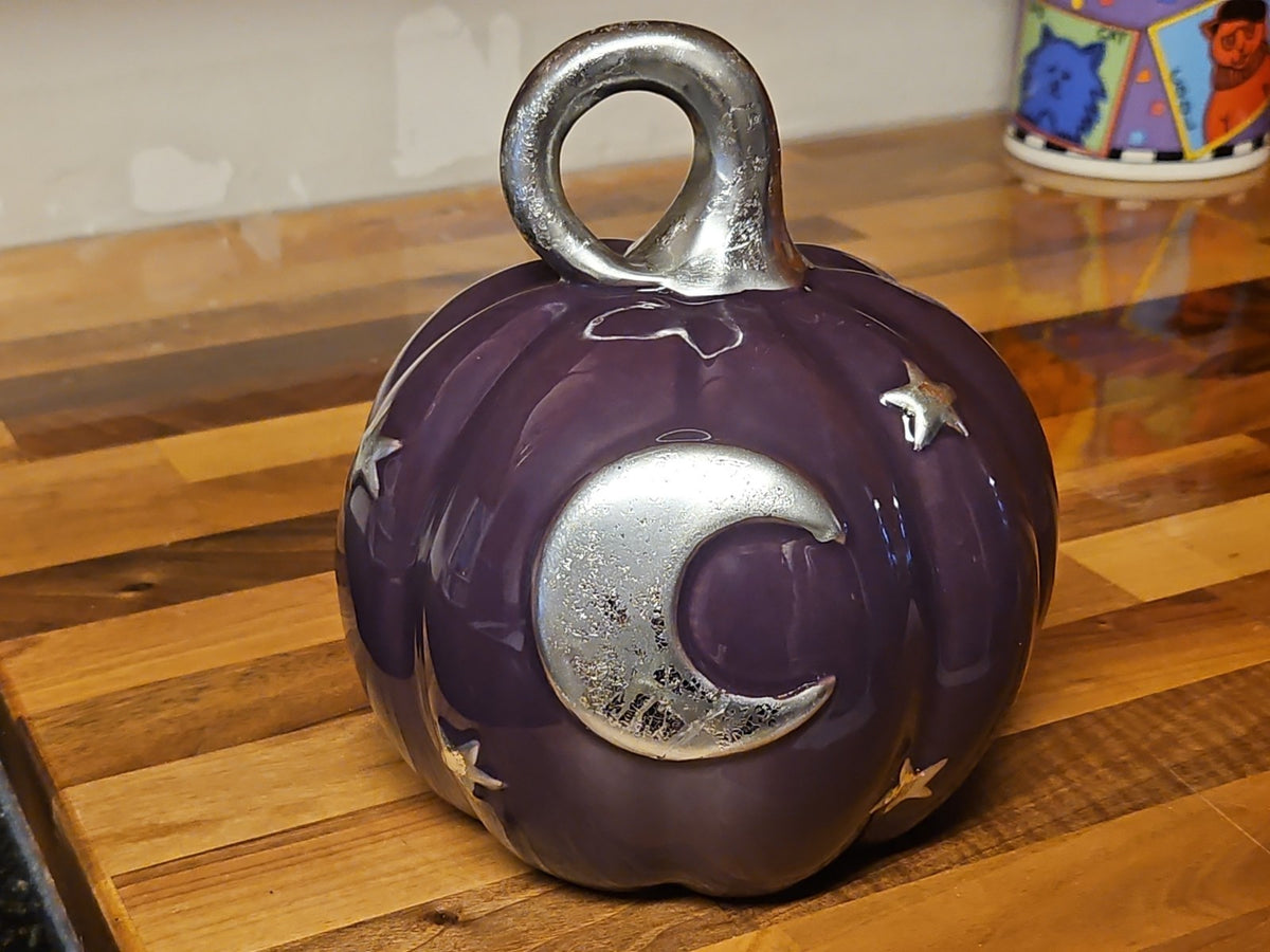 Purple & Silver Celestial Ceramic Pumpkin Goth Halloween Fall Decor 6.5" EUC