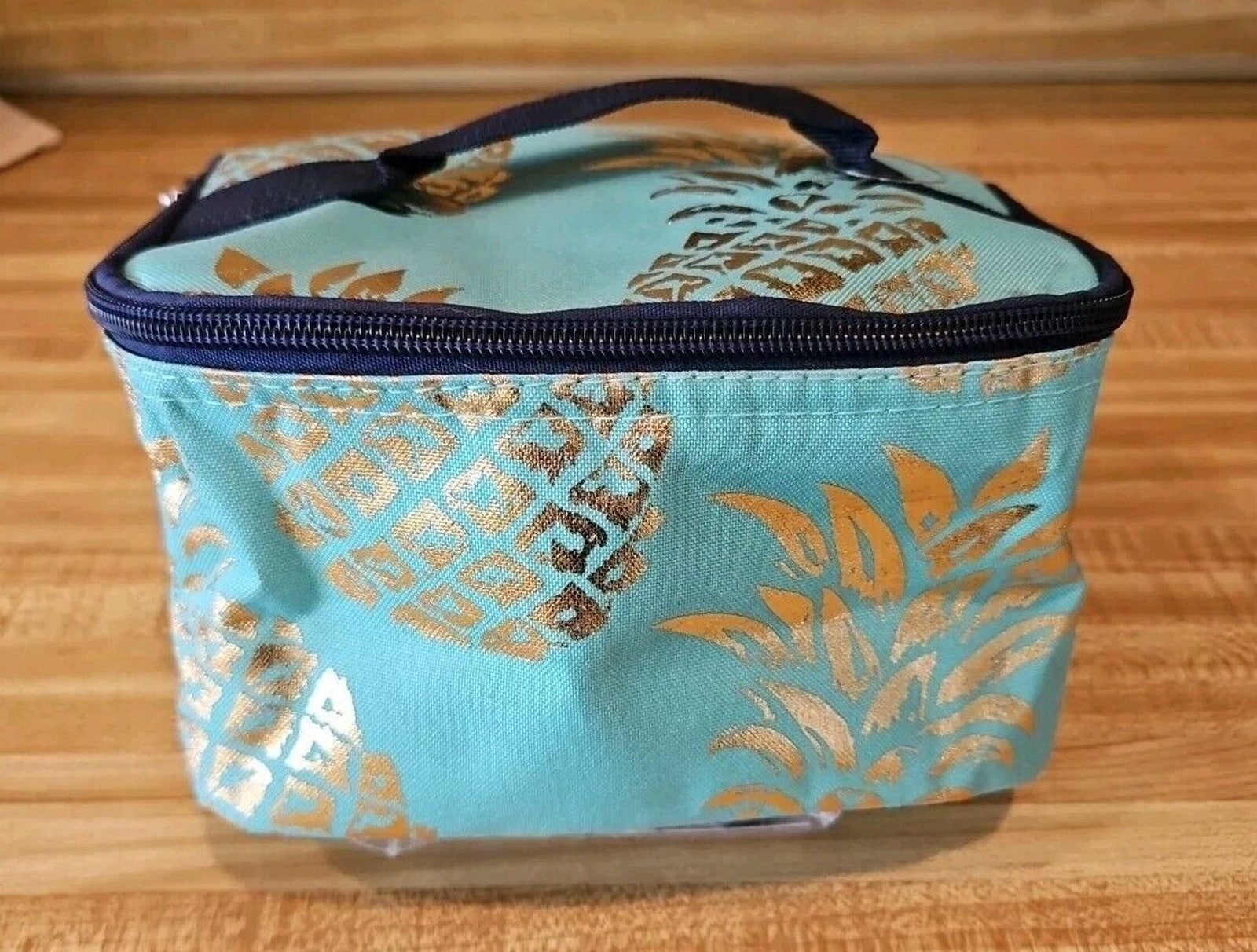 Cosmetic Case Canvas NGIL Teal with gold Pineapples, Navy Accents, Never Used