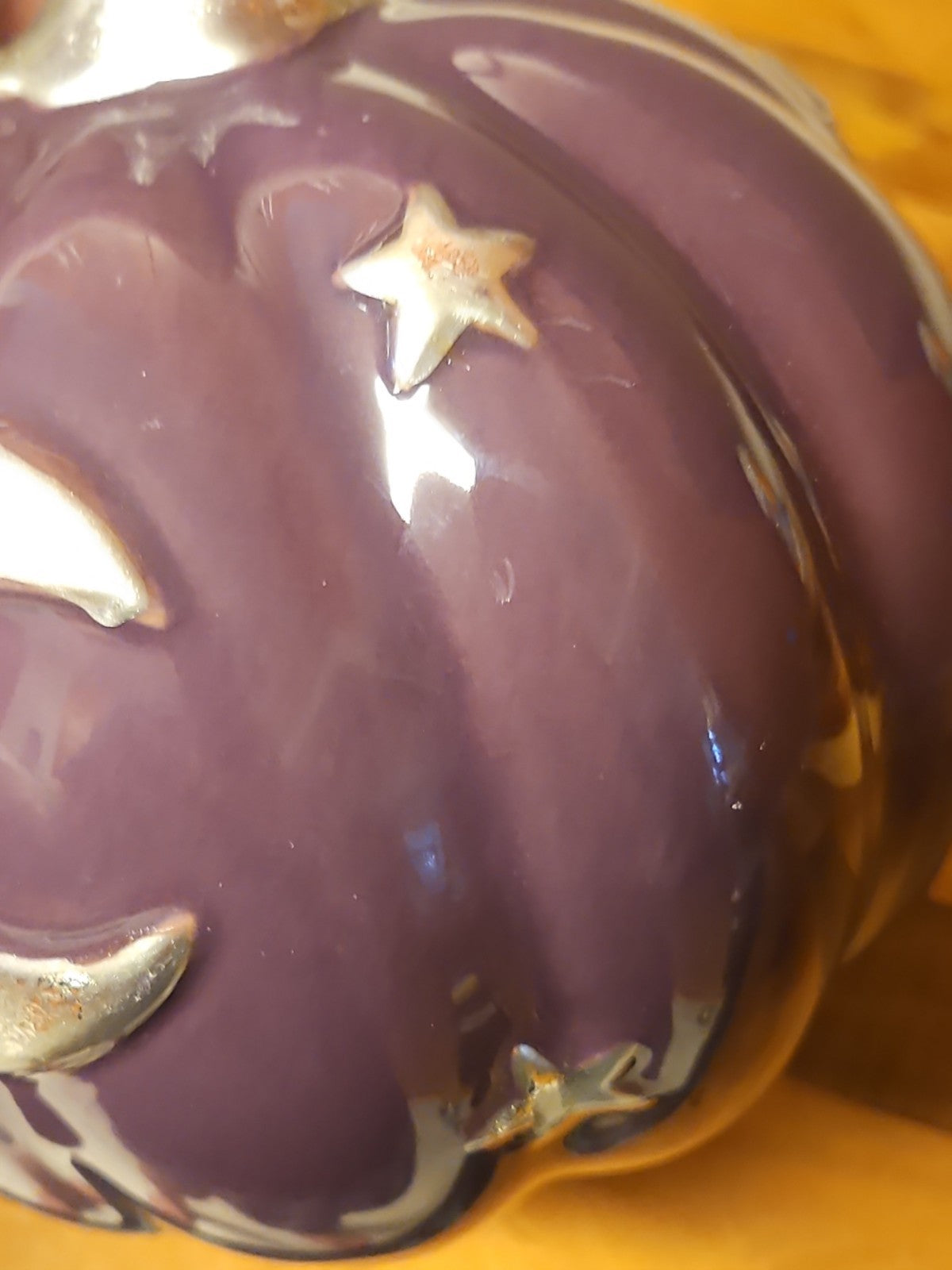 Purple & Silver Celestial Ceramic Pumpkin Goth Halloween Fall Decor 6.5" EUC