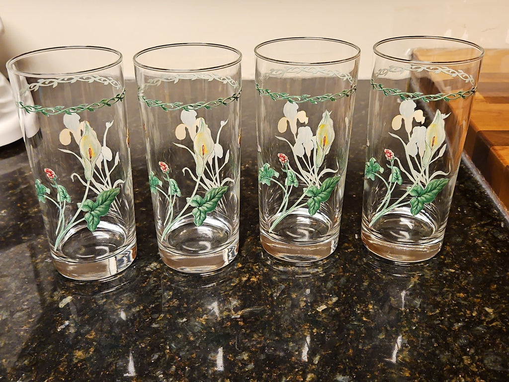 Set of 4 Vintage Floral Highball Tumbler Glasses Blue Iris & White Calla Lily