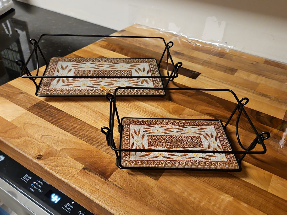 Set Of 2 Temptations By Tara Old World Brown Glass Trivets In Metal Holders