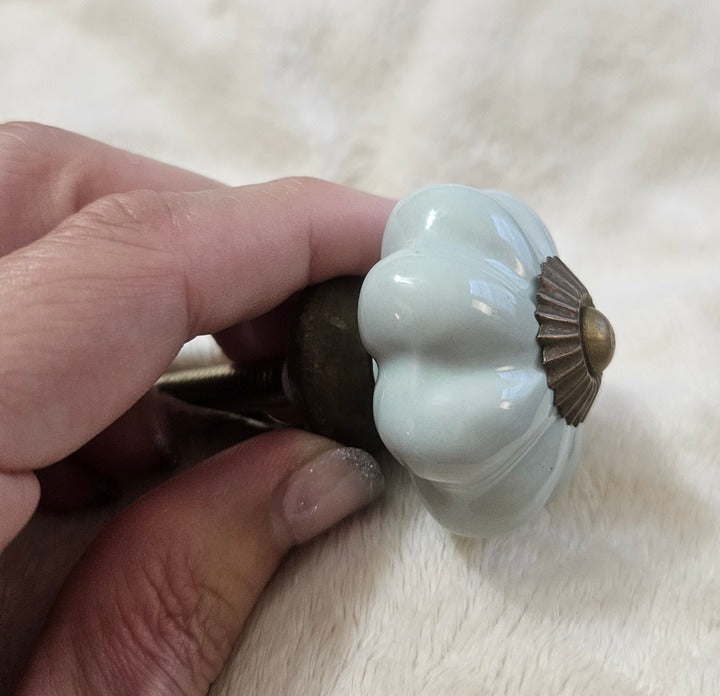 NWT Pier 1 Mint Green Porcelain Flower Brass Accent Drawer Pull Cabinet Knob 2"