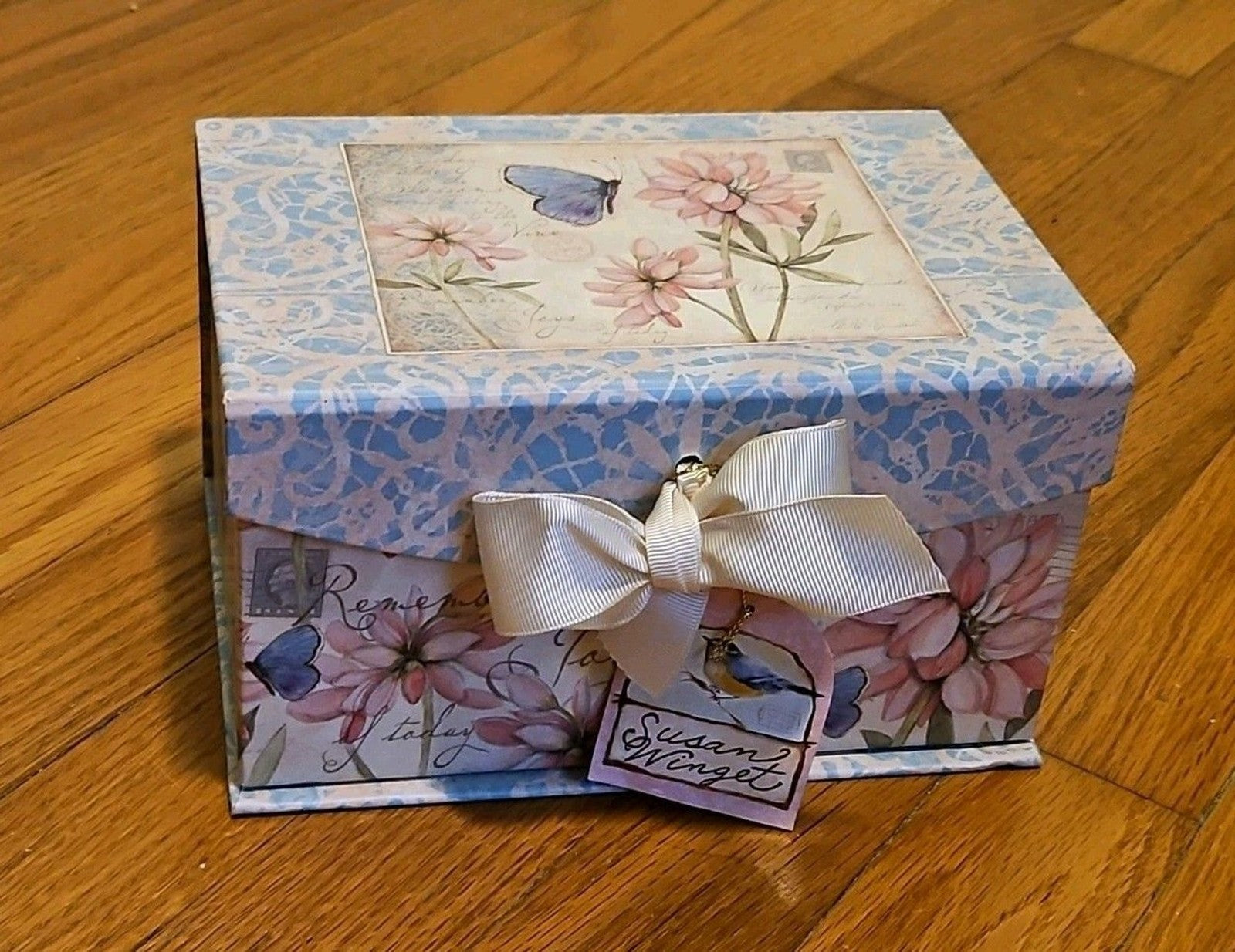 Elegant Storage Box Blue & Pink Floral Butterly Theme With Bow Accent