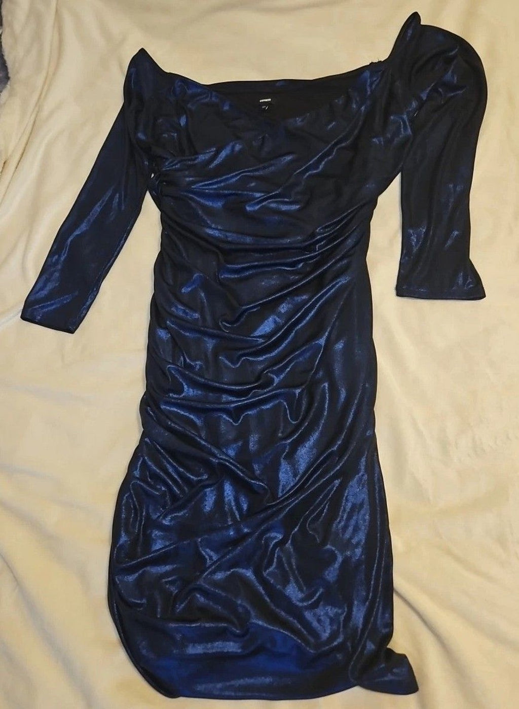 Express Women's Metallic Blue Dress Sz L Criss Cross Neckline Rouched Skirt