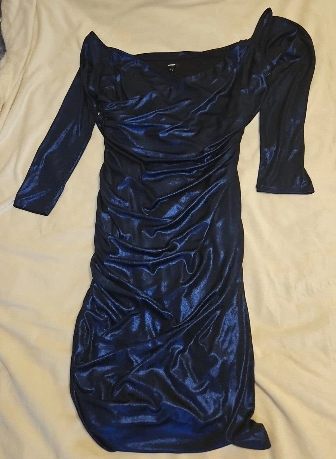 Express Women's Metallic Blue Dress Sz L Criss Cross Neckline Rouched Skirt