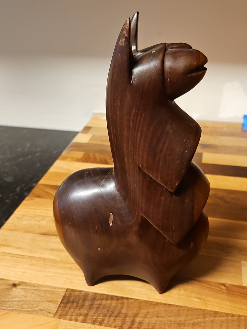 Vintage MCM Mahogany Wood Carved Llama Figurine 10" X 6"