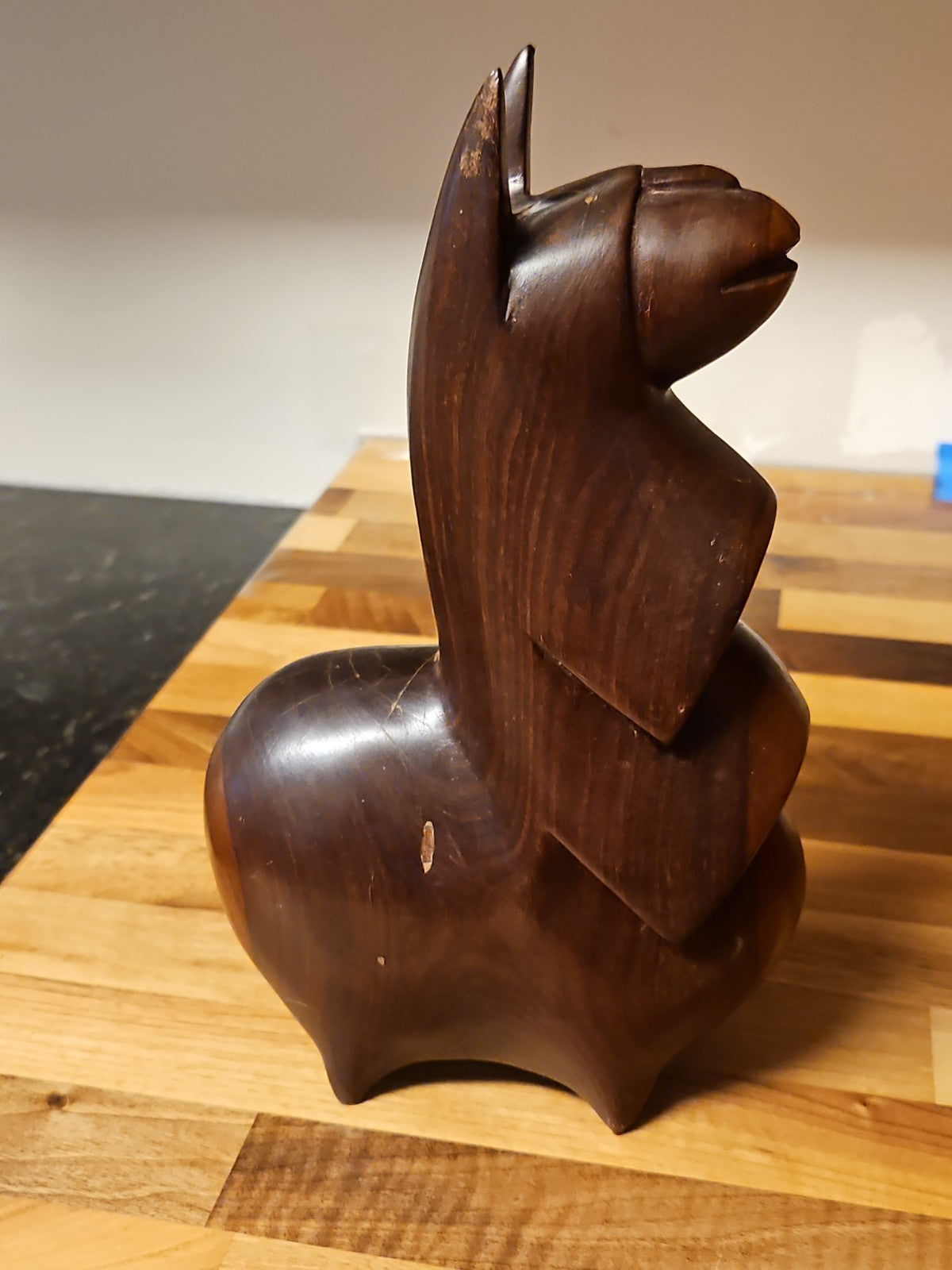 Vintage MCM Mahogany Wood Carved Llama Figurine 10" X 6"