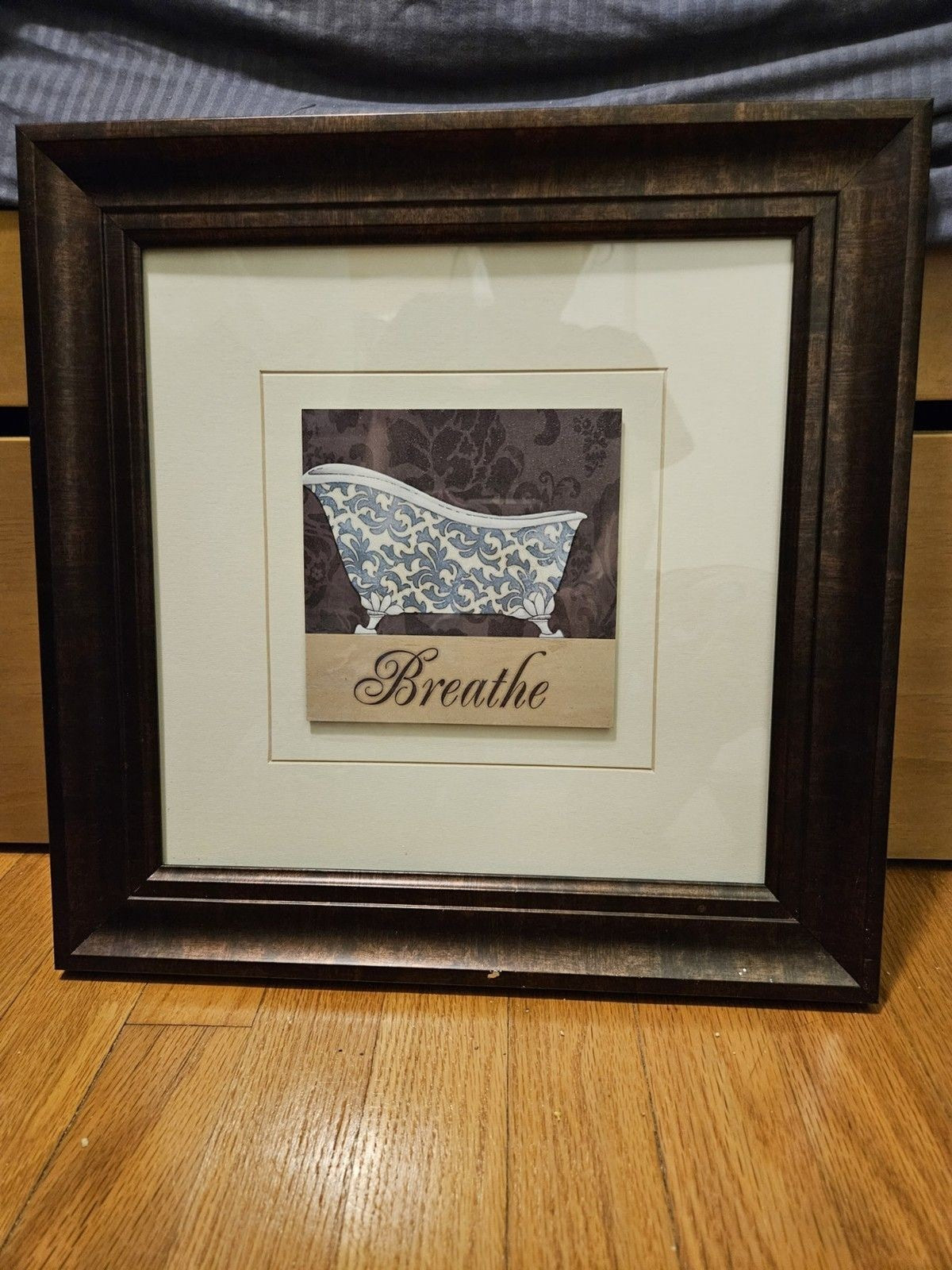 Blue & White Fleur De Lis French Bathtub Breathe Print Matted & Framed 15"x15"