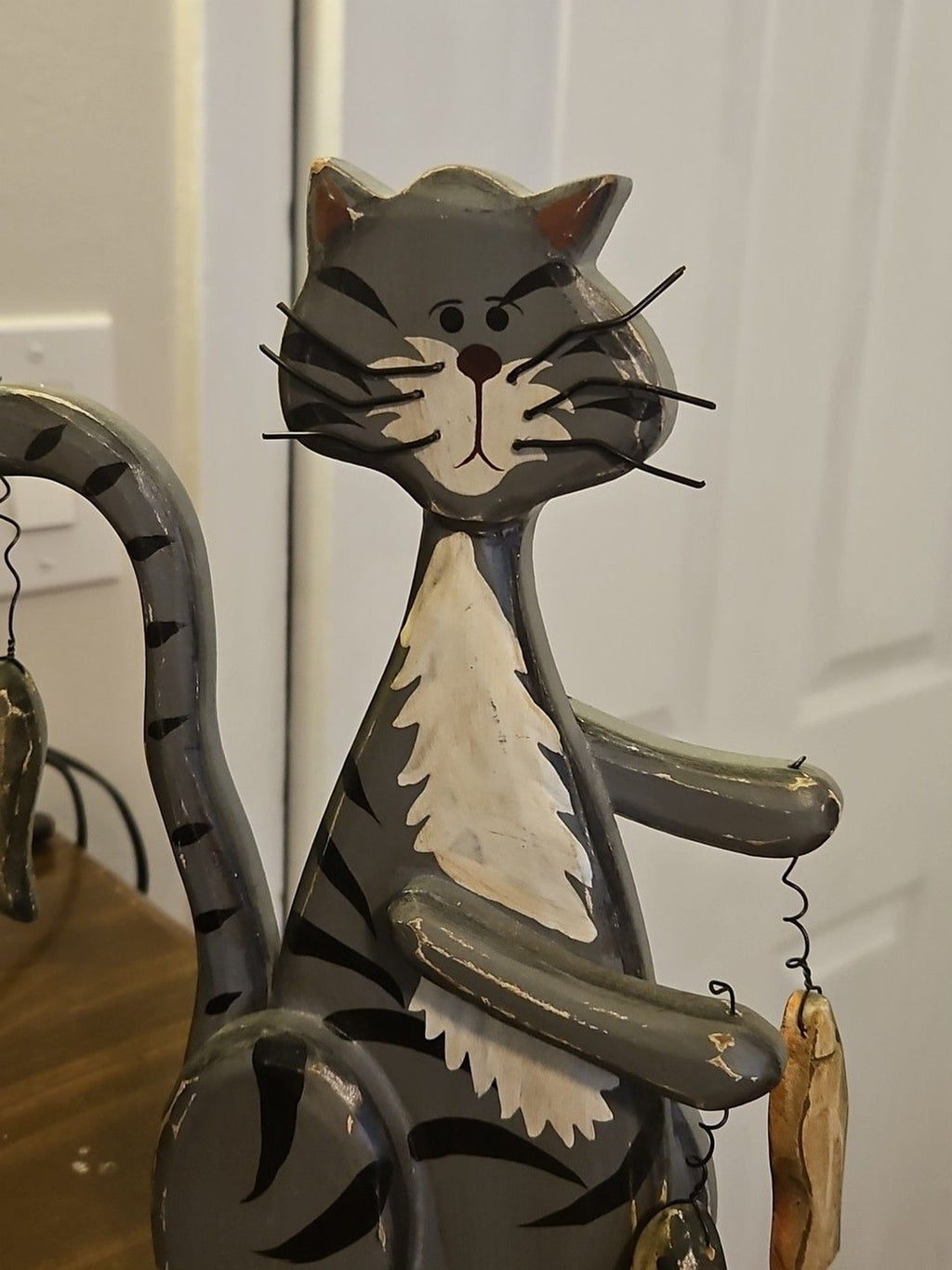 Rusic Folk Art Gray & White Fishing Cat Wood Decor